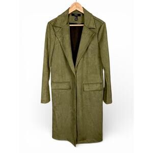 Forever 21 Olive Green Faux Suede Full Length Soft Elegant Trench Coat Women's S